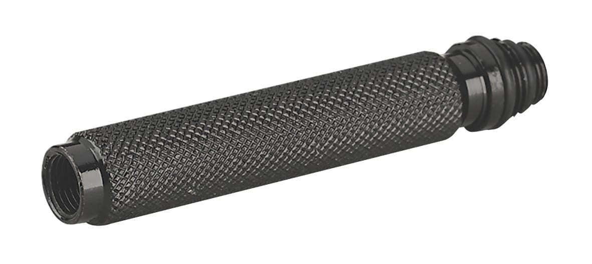 Black knurled metal connector with threaded ends for secure attachment in various applications.