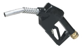 Black fuel pump nozzle with a metal spout and hose, designed for dispensing fuel at petrol stations.
