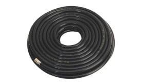 15-metre black rubber air hose coil with metal fittings, suitable for various air tools and compressors.