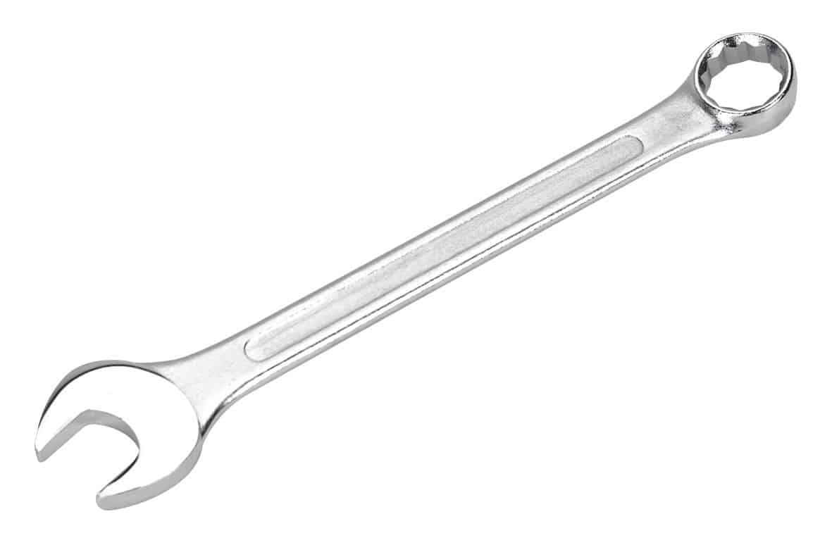 Chrome adjustable wrench tool with a polished finish, featuring an open end and a socket end for versatile use in mechanical tasks.