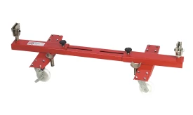 Heavy-duty adjustable pipe roller with clamps and wheels for efficient pipe handling and movement.