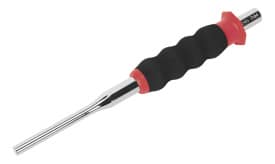 Ergonomic screwdriver featuring a rubber grip handle and a chrome-plated shaft, designed for comfortable use and precision.