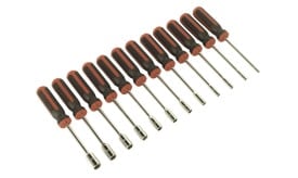 Set of 12 screwdrivers featuring red rubberised handles and chrome-plated shafts, designed for various fastening tasks.