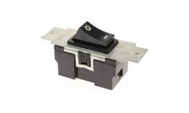 Toggle switch featuring a black actuator and metal mounting plate, suitable for various electrical applications.