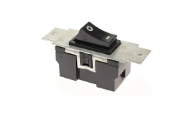 Toggle switch featuring a black actuator and metal mounting plate, suitable for various electrical applications.