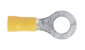 Yellow insulated ring terminal connector made of metal, designed for electrical connections, featuring a circular opening.