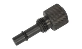 Black knurled valve adapter with a textured grip for secure handling and connection.