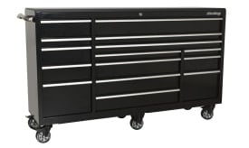 Sealey black tool chest featuring multiple drawers and wheels for easy mobility, ideal for storing tools and equipment.