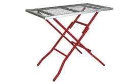 Folding metal work table with a red frame and mesh top, suitable for various tasks and projects.