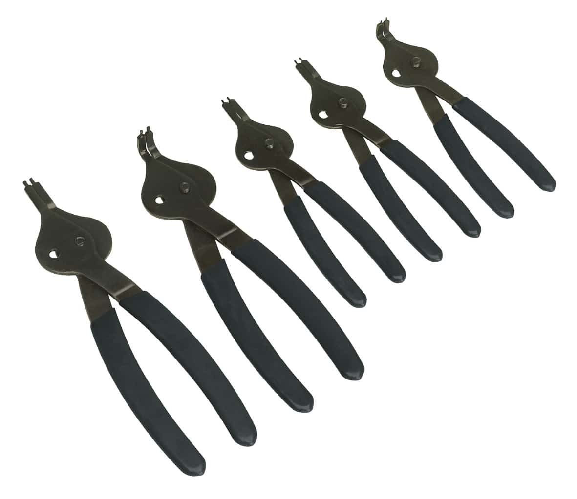 Set of five precision circlip pliers with ergonomic grips for easy handling and various sizes for different applications.