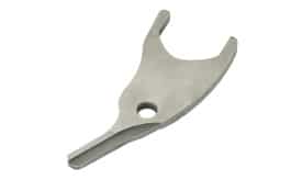 Metal tool designed for mechanical applications, featuring a forked end and a hole for attachment, suitable for various tasks.
