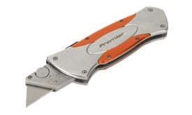 Premier folding utility knife with orange and silver design, featuring a retractable blade and ergonomic handle for easy use.