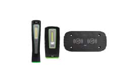 Sealey rechargeable work light set featuring two lights and a charging base, ideal for various lighting needs.
