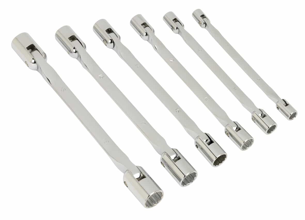 A set of six chrome socket extensions in various lengths, ideal for reaching tight spaces in automotive and mechanical applications.