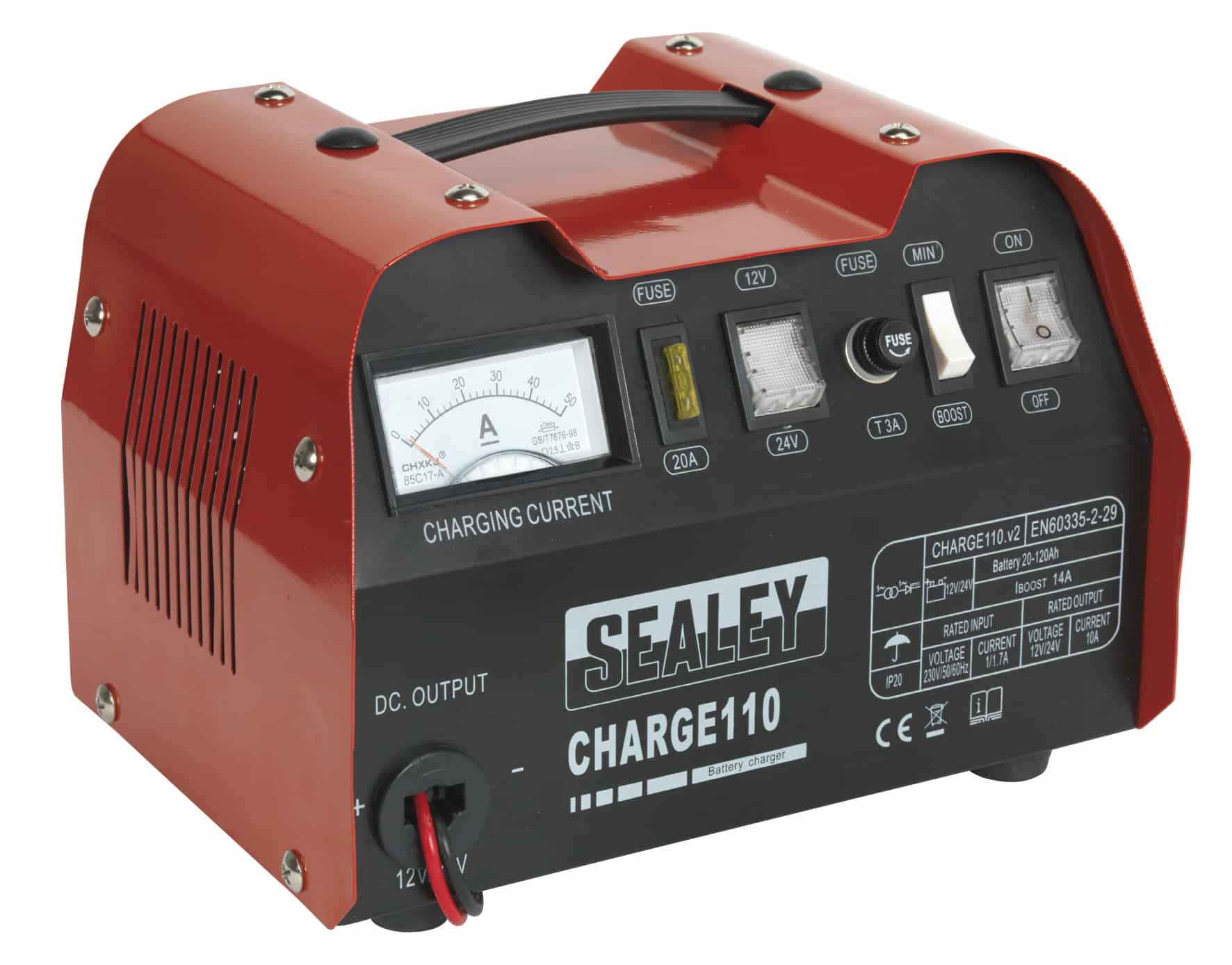 Sealey Charge110 battery charger with ammeter and output connections for 12V and 24V batteries, designed for efficient charging.