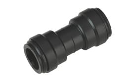 Black plastic pipe connector designed for plumbing applications, featuring a durable and secure design for seamless connections.