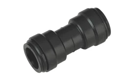Black plastic pipe connector designed for plumbing applications, featuring a durable and secure design for seamless connections.