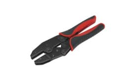 Heavy-duty crimping tool featuring ergonomic red grips and durable metal jaws, ideal for electrical and mechanical applications.