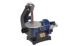 Compact disc sander machine with sanding belt and disc for woodworking and metalworking projects, featuring adjustable speed and sturdy base.