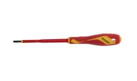 Insulated screwdriver featuring a red and yellow handle, designed for safety and precision in electrical work, ideal for various tasks.