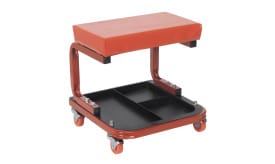 Rolling workshop stool with padded seat and storage compartment, ideal for automotive and mechanical tasks.