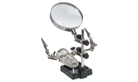 Magnifying glass with adjustable helping hands and spring holder for precision tasks in electronics and crafts.