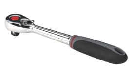 Chrome ratchet wrench featuring a comfortable grip handle and a red button for quick adjustments, ideal for automotive and mechanical tasks.