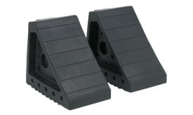 Set of two rubber wheel chocks designed for vehicle stability and safety during maintenance or parking.