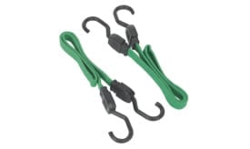 Set of green bungee cords with black hooks for securing items, ideal for various applications including storage and transportation.