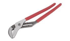 Adjustable pliers featuring red rubber grips and a chrome-plated jaw for enhanced grip and durability, suitable for various tasks.