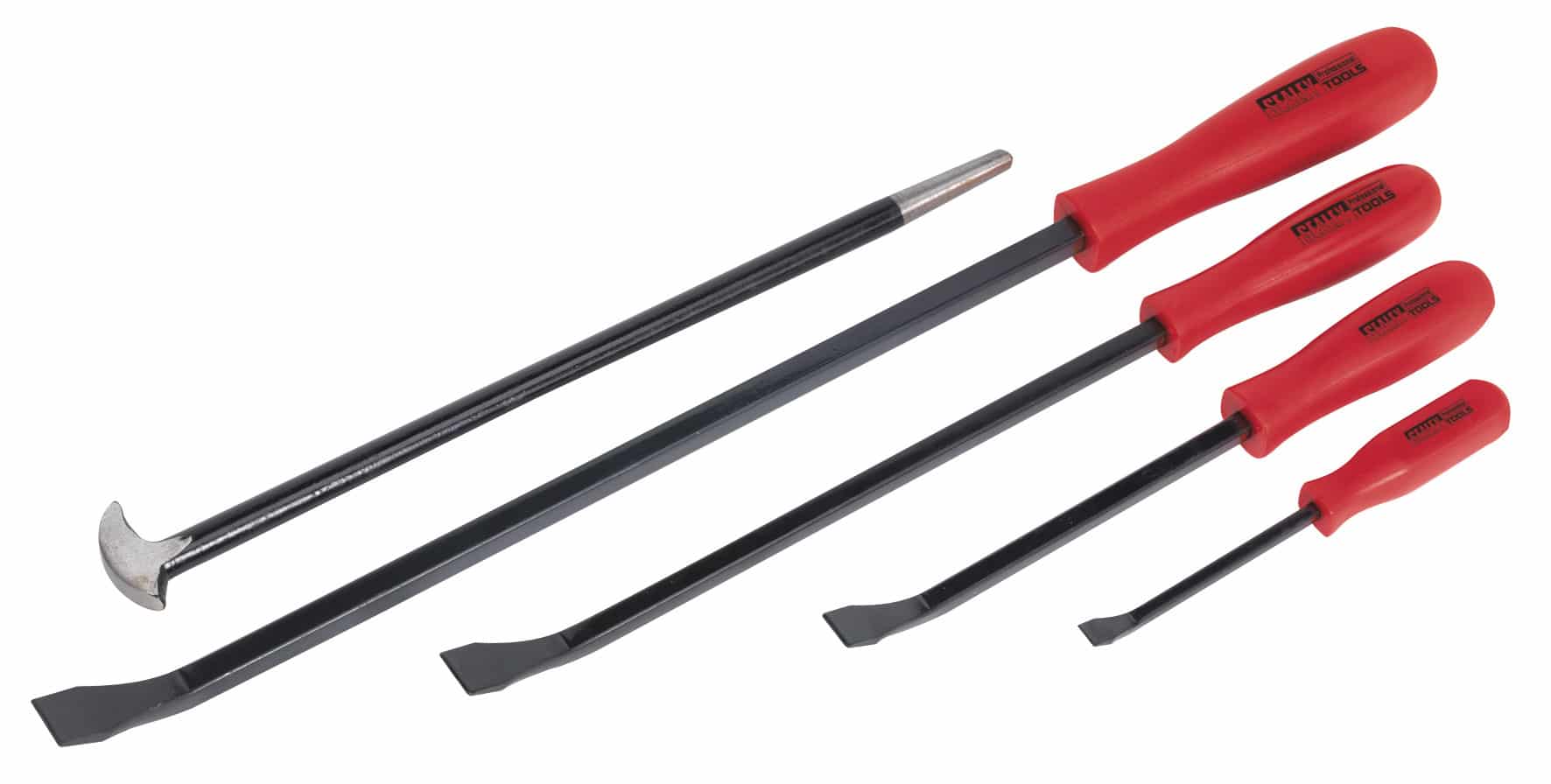 Set of five pry bars with red handles and steel shafts, suitable for various lifting and prying tasks.