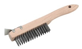 Wooden handle wire brush with scraper attachment, ideal for cleaning and maintenance tasks, featuring durable bristles and a sturdy design.