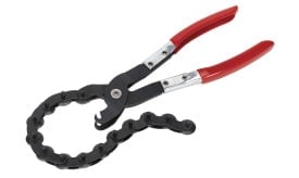 Chain wrench tool with red rubber grips, designed for gripping and turning cylindrical objects, ideal for plumbing and mechanical tasks.