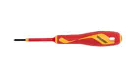 Insulated screwdriver featuring a red and yellow handle, designed for electrical work, ensuring safety and comfort during use.