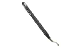 Black stylus pen featuring a rubber tip and a metal hook for versatile use on touch screens and other surfaces.