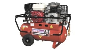 Sealey 50 litre portable air compressor with petrol engine, ideal for various applications, featuring a robust design and high performance.