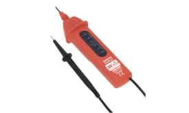 Digital multimeter in red with black probe, measuring electrical parameters, suitable for various testing applications.