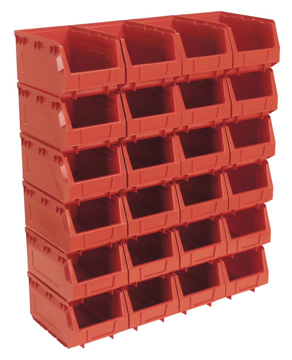 Stackable red storage bins unit featuring multiple compartments for organisation and storage solutions in various settings.