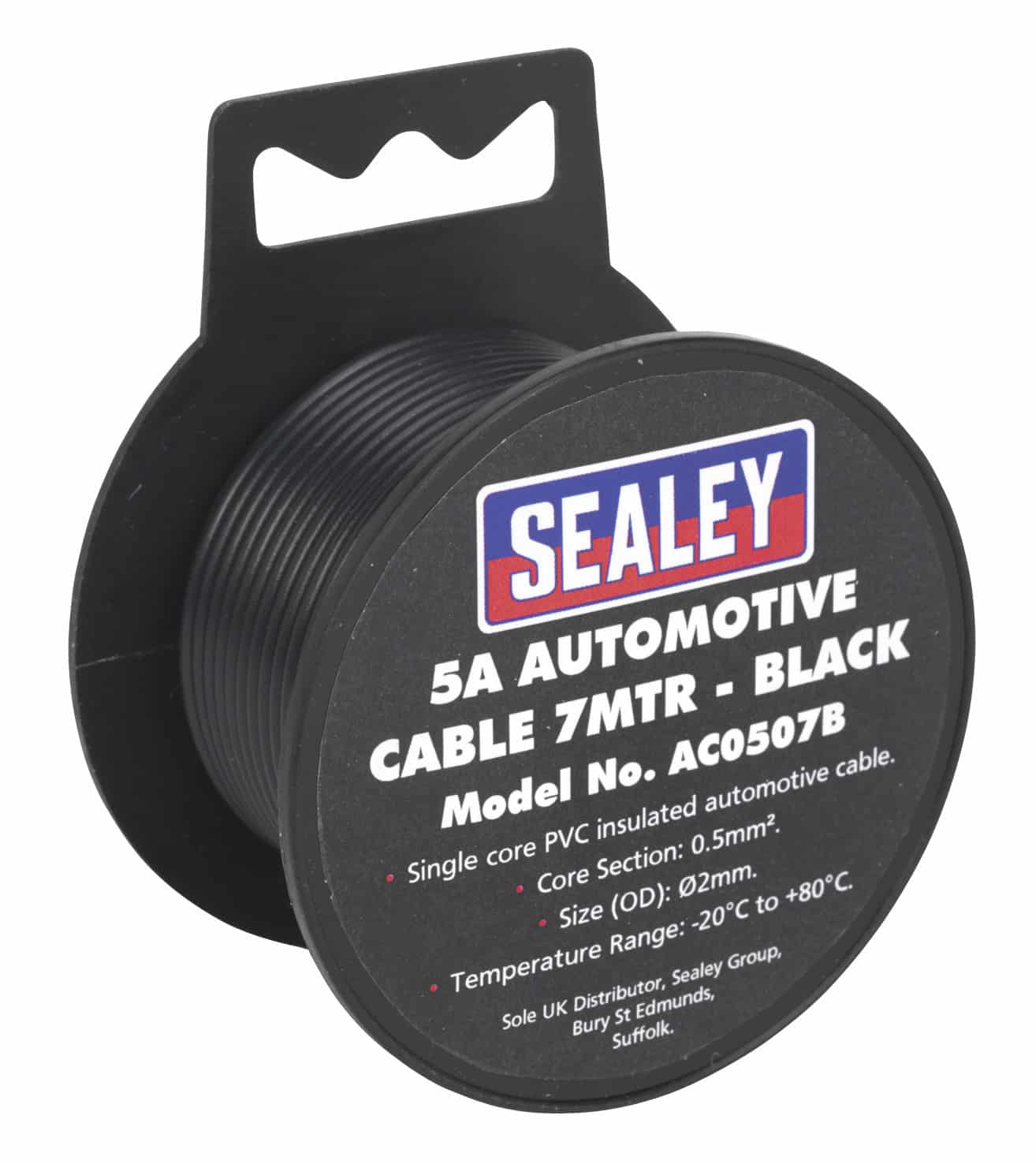 Sealey 5A automotive cable, 7 metres long, black, suitable for automotive applications, with a core section of 0.5mm.