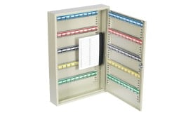 Metal key cabinet featuring multiple hooks and a clipboard for key organisation, suitable for secure storage.