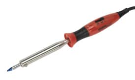 Electric soldering iron featuring a blue tip and ergonomic handle, ideal for electronics and DIY projects, with adjustable temperature control.