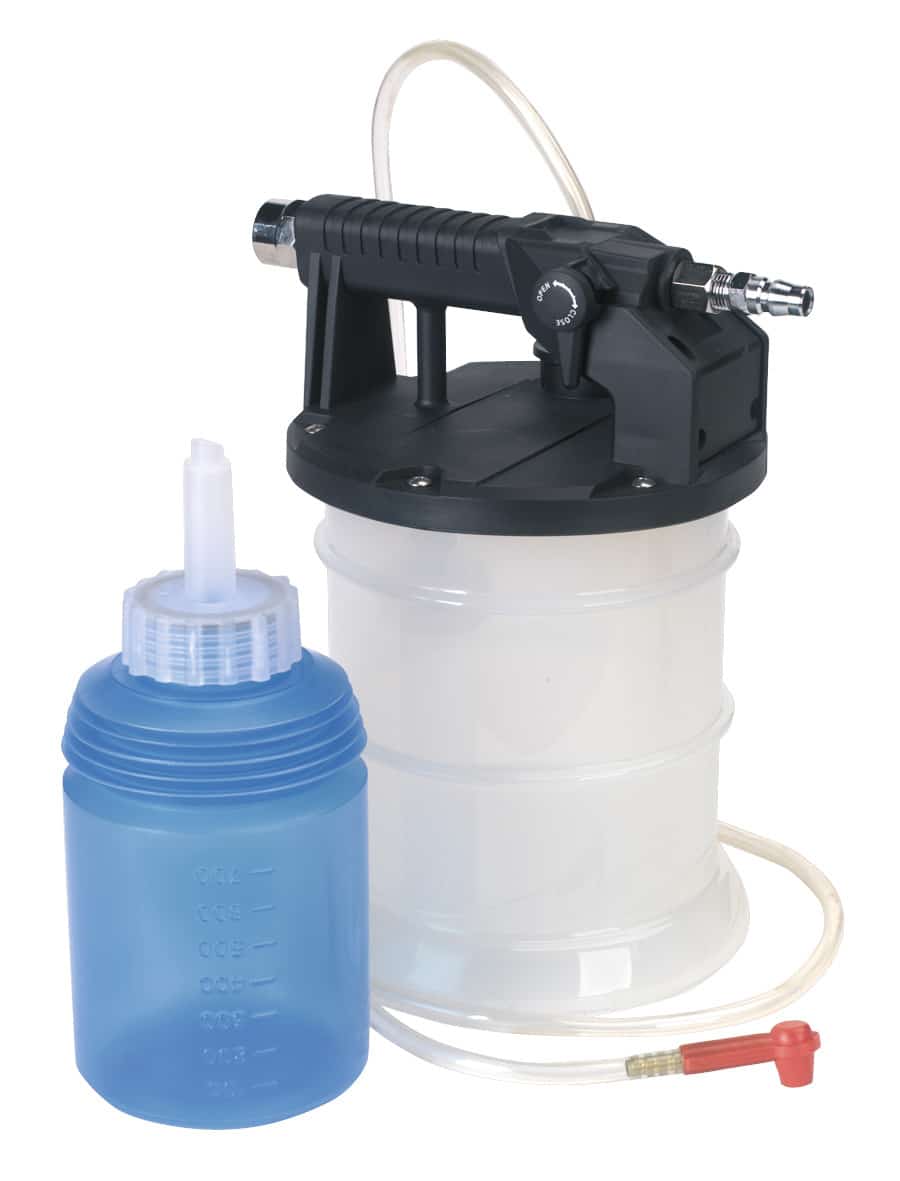 Manual oil pump with a transparent container and flexible tubing for fluid transfer, ideal for automotive and industrial applications.