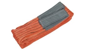 Heavy-duty lifting strap in orange and grey, designed for secure lifting and towing applications, featuring reinforced ends for durability.