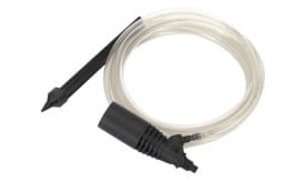 Flexible water pump hose with a black nozzle and clear tubing, suitable for various pumping applications.