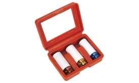 Set of three test tubes in a red case, featuring white tubes with coloured caps in red, gold, and blue, suitable for laboratory use.