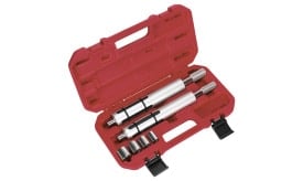 Professional tool set featuring two silver rods and multiple sockets in a red case, ideal for various mechanical tasks.