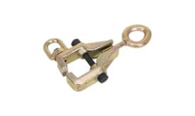 Heavy-duty ratchet load binder with a hook and eye design for secure cargo fastening and tensioning.