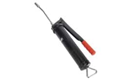 Heavy-duty grease gun featuring a flexible hose and ergonomic handle for efficient lubrication in various applications.