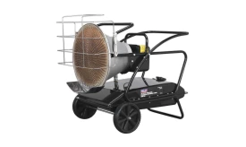 Portable gas heater featuring a protective grill, wheels for mobility, and a powerful heating element, ideal for outdoor and indoor use.