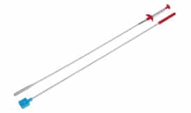 Set of metal barbecue skewers with red plastic handles and a blue end, ideal for grilling kebabs and other foods.